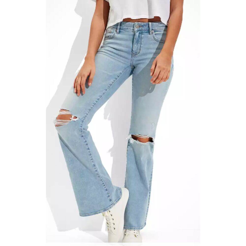 American Eagle Flare Jeans 18 Lowrise Next Level Stretch Denim Distressed NEW